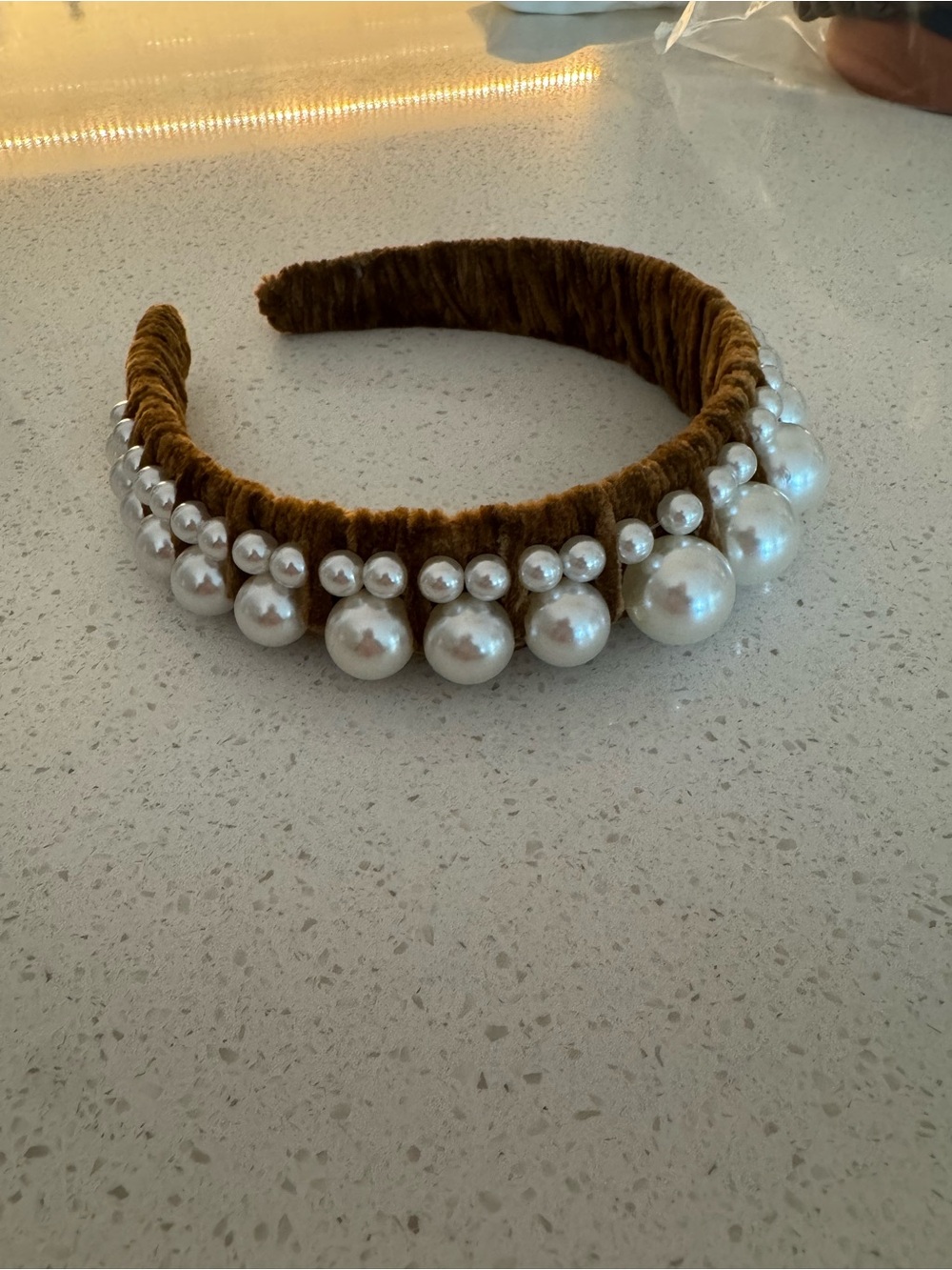 Anthropologie Pearl-Embellished Brown Velvet Headband